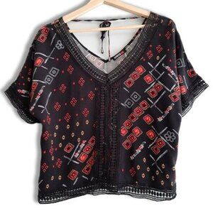 DEVOTED Boho Lace Trim & Back Tie Boxy Blouse Black Sz S